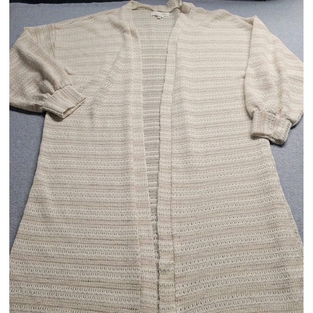 Anthropologie Cream Striped Pointelle Knit Open Front Cardigan Balloon Sleeve OS